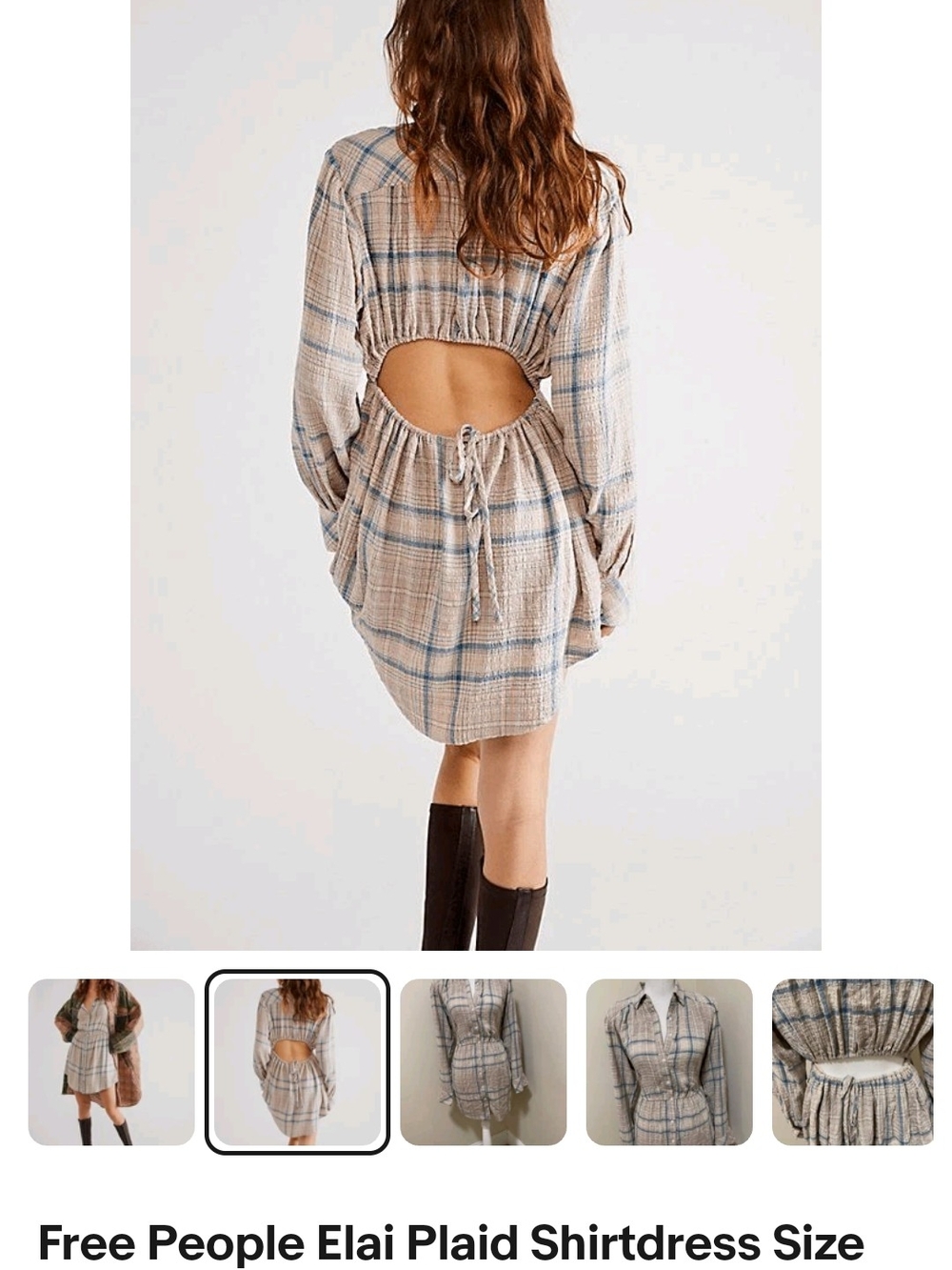 Free People Plaid Cutout Shirtdress in Beige & Blue
